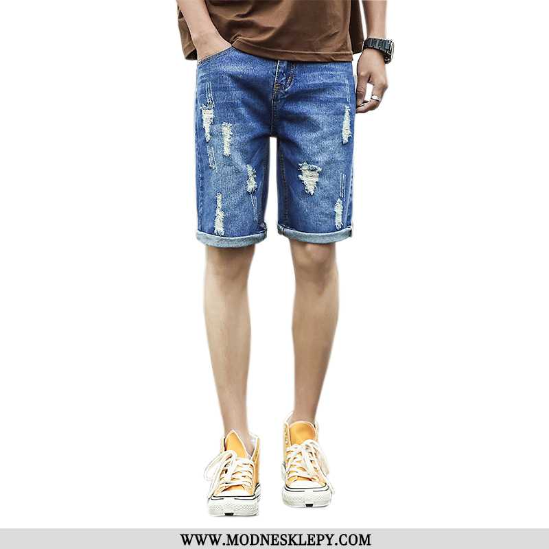 Męskie Jeansy 2020 Lato Cienkie Spodenki Jeansowe Trendy Otwór-zgrywanie Spodnie Ciemny Niebieski