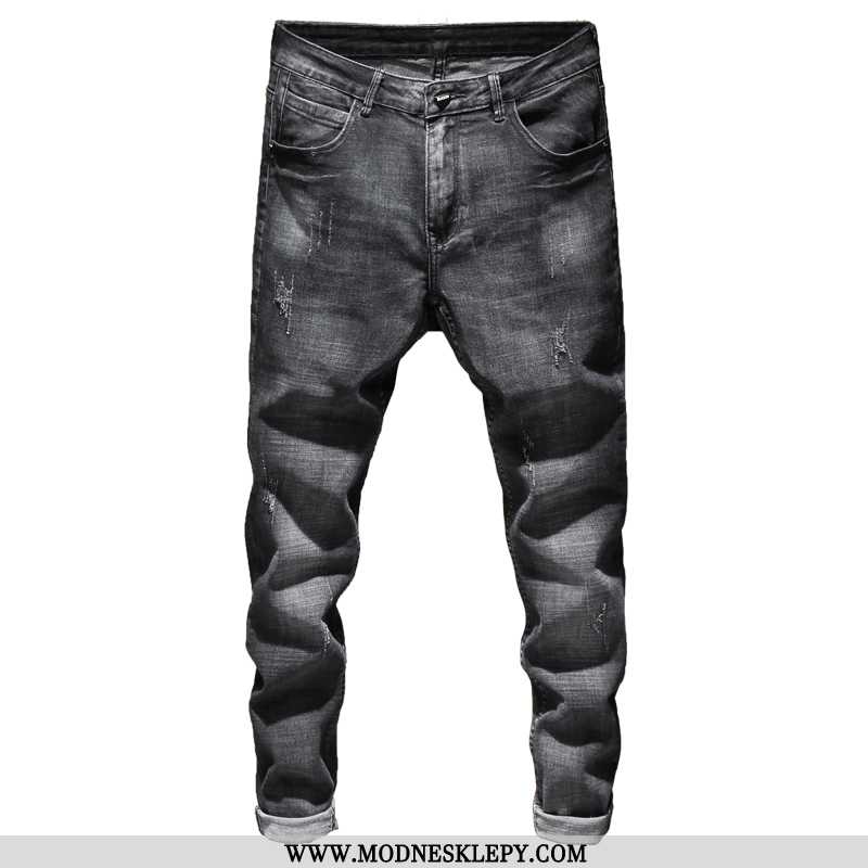 Męskie Jeansy 2020 Wiosna Dżinsy Dziura Szczupła Moda Męska Spodnie Czarne Stopy