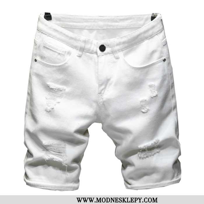 Męskie Jeansy 2020 Nowy Biały Spodenki Jeansowe Dziura Moda Męska Lato Cienki Przekrój Pięć Spodnie 