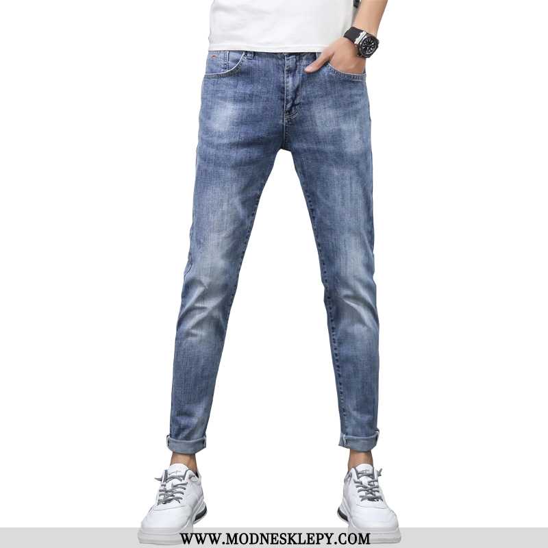 Męskie Jeansy Wiosna I Lato Nowe Dżinsy Trendów Mody Małe Proste Stopy Slim Stretch Jeans Niebieskie