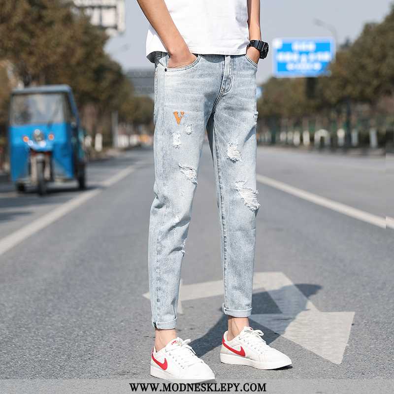 Jeansy Męskie Lato Dżinsy Slim Nogi Mody Cały Mecz Kolor Światła Dziewięciu Punktów Otwór Popularne 
