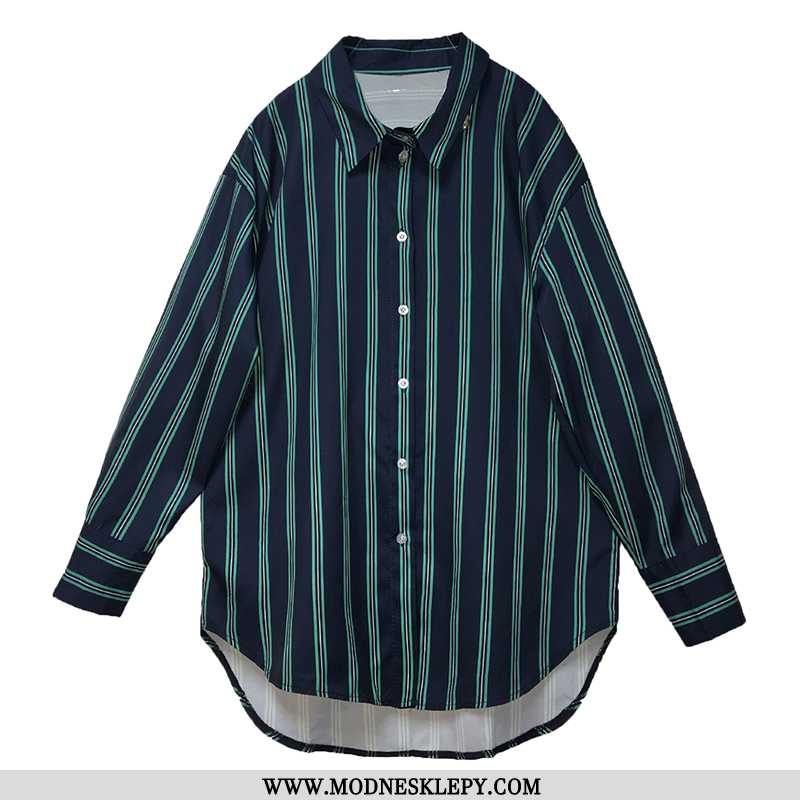 Koszule Damskie Retro Hong Kong-smak W Paski Długa Koszulka Luźne Odchudzanie Płaszcz Wewnątrz Shirt
