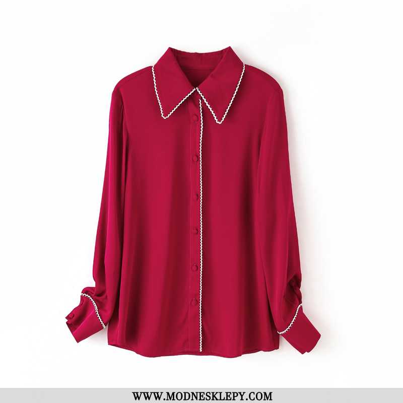 Koszule Damskie Silk Top 2020 Nowy Mody High-end Jedwabiu Z Długimi Rękawami Koszula Kobiet Czerwona