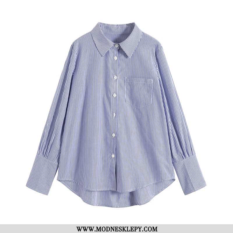 Damskie Koszule 2020 Wiosna Moda Lapel Cały Mecz W Paski Z Długimi Rękawami Koszula Kobiet Niebieski