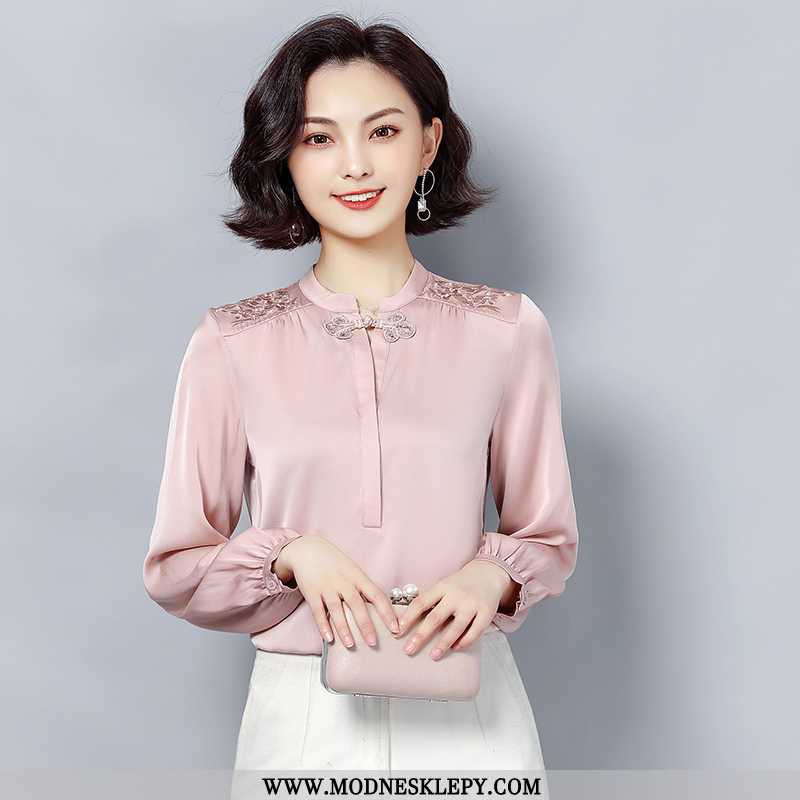 różowy - Koszule Damskie 2020 Wiosna Nowy Luksusowy Pokój Qiao Stanąć Kołnierz Haftowane W Stylu Vintage Klam