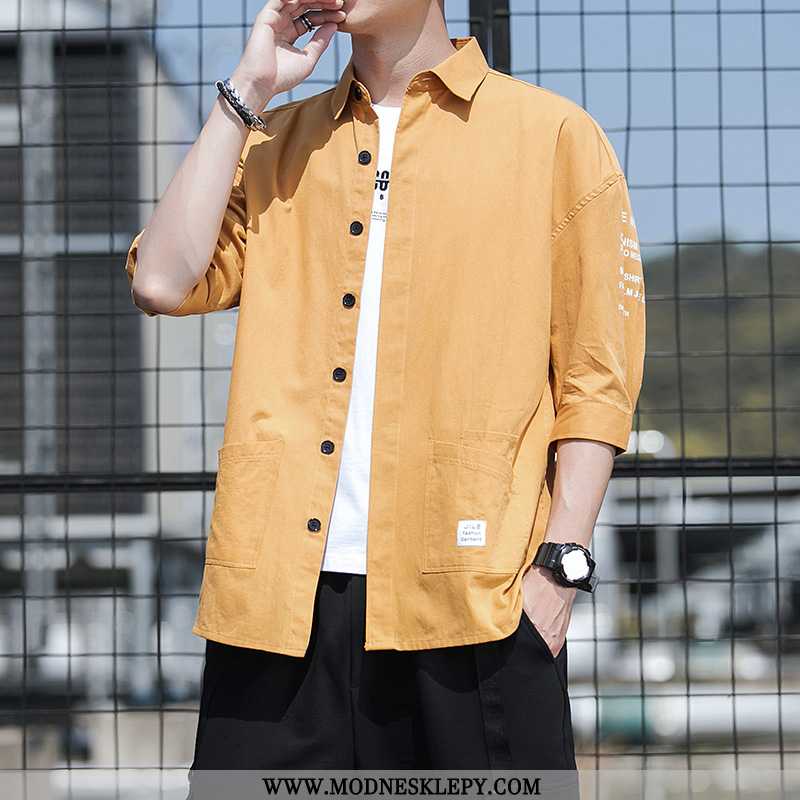 Męskie Koszule Lato Nowy Pół Rękaw Koszula Męska Jednolity Kolor Luźne Duże Dxx Żółty