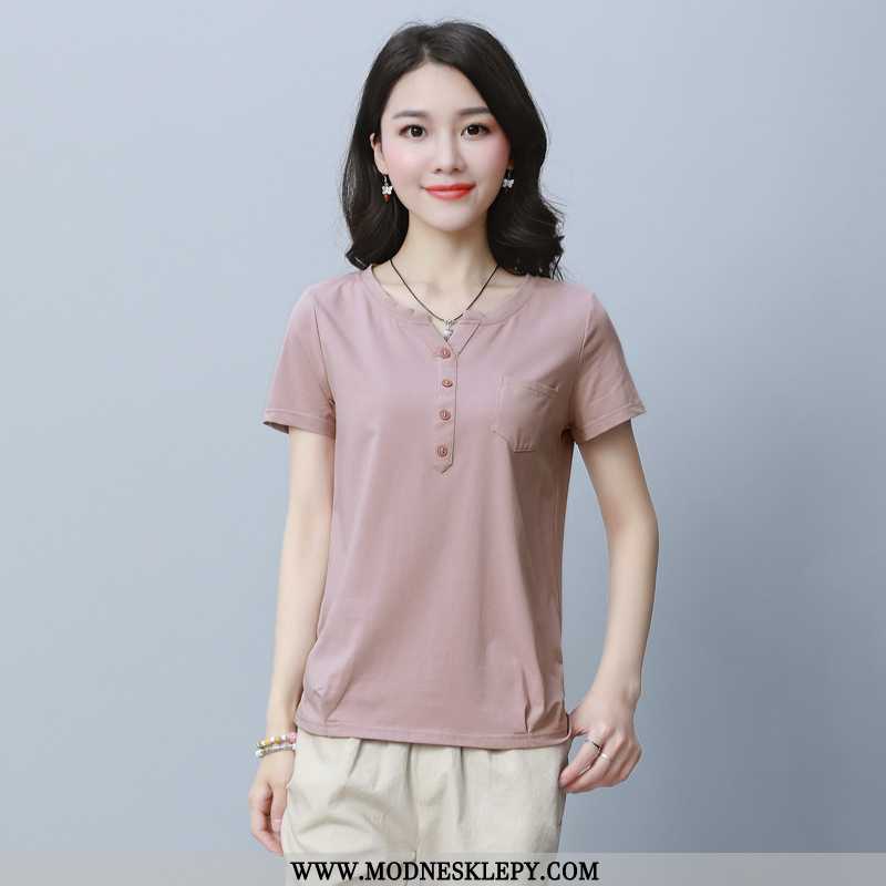  różowy - Damskie Koszulki W Połowie Długości Z Krótkim Rękawem 2020 Lato Koszulka Moda Temperament Luźne Jedn