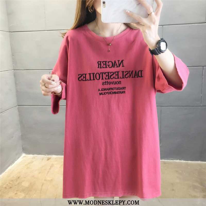 Damskie Koszulki Bawełna Luźna Z Krótkim Rękawem Nadrukiem W Połowie Długości T-shirt Kobiet 2020 La