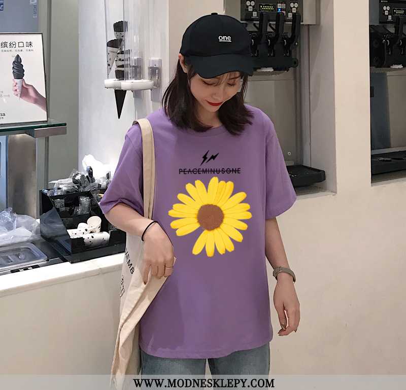  fioletowy - Koszulki Damskie Xiao Zou Ju 32 100% Bawełna 2020 Nowy Luźne Wszystko Mecz Z Krótkim Rękawem Duży Ro