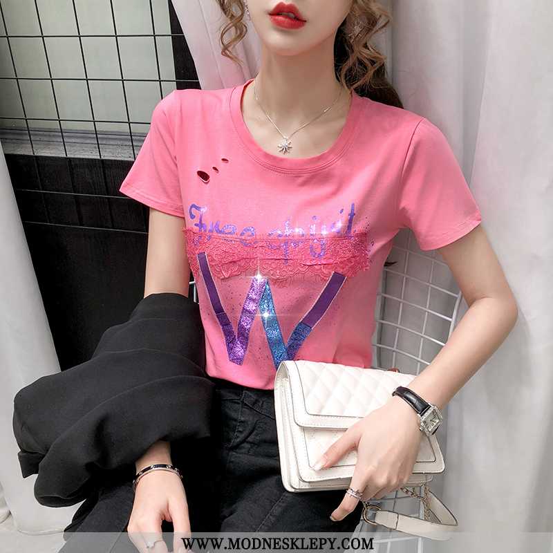  różowy - Koszulki Damskie List Wydrukowano Różowy Koszulka Damska Z Krótkim Rękawem 2020 Letnie Bawełniane Bi