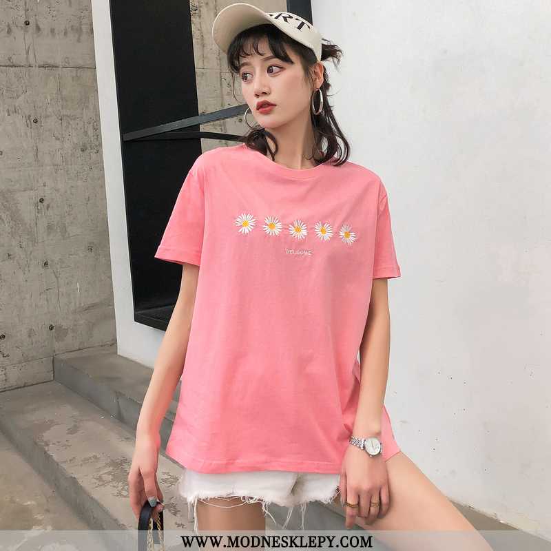  różowy - Koszulki Damskie Proste Moda Koszulka Z Krótkim Rękawem 2020 Lato Na Co Dzień Wokół Szyi Luźna Elega