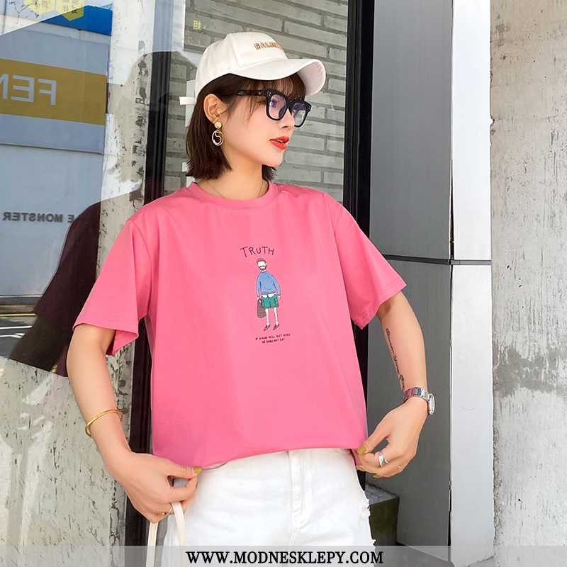  różowy - Koszulki Damskie Elegancka Moda Koszulka Z Krótkim Rękawem 2020 Lato Dorywczo Luźne Okrągły Dekolt E