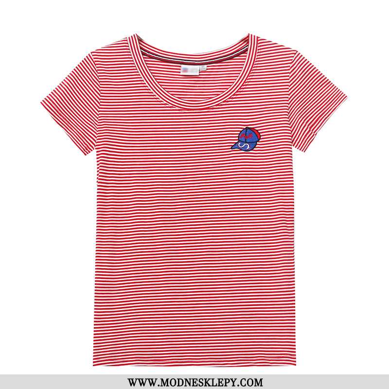 Damskie Koszulki Haftowana Koszulka Slim Fit W Paski Z Krótkim Rękawem T-shirt 7454 Różowy