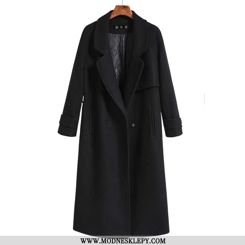 Płaszcz Wełniany Damskie Jednolity Kolor 2020 Zima Trend W Modzie Z Długim Rękawem Proste Czarny