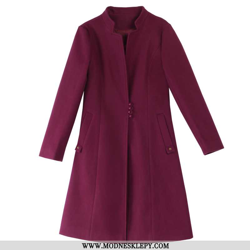 Płaszcz Wełniany Damskie Jesień 2020 Moda Wygodne Z Długimi Rękawami Jednorzędowy Elegancki Fioletow
