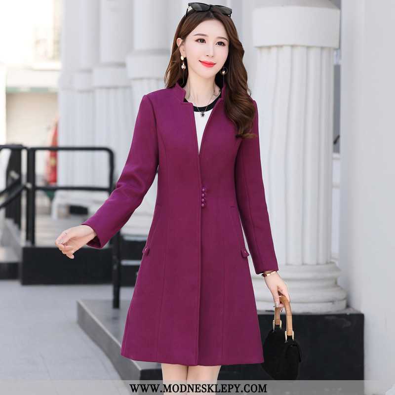  fioletowy - Płaszcz Wełniany Damskie Jesień 2020 Moda Wygodne Z Długimi Rękawami Jednorzędowy Elegancki Fioletow