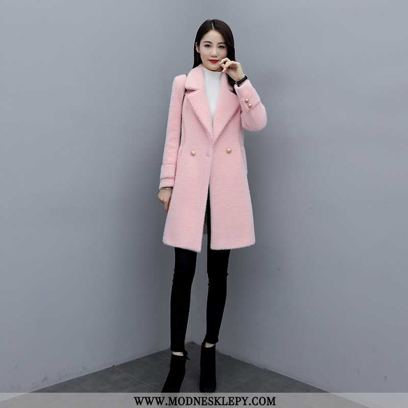 różowy - Płaszcz Wełniany Damskie Elegancki Moda Na Co Dzień 2020 Zima Średniej Długości Różowy