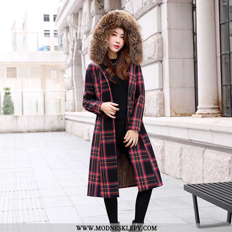 Płaszcz Wełniany Damskie Średniej Długości Sweter Moda Szwy Elegancki Jednolity Kolor Plaid 2020 Zim
