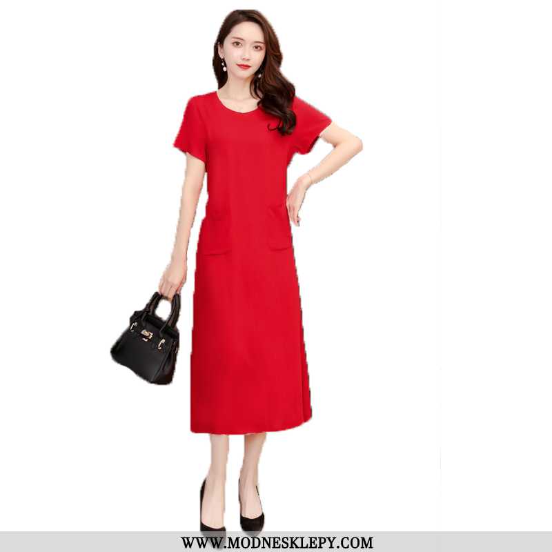 Sukienki Damskie 50d754 Duży Bawełniane I Lniane Slim-fit Talii Sukienka Czerwony