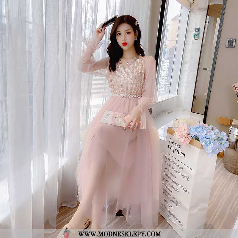  różowy - Damskie Sukienki 2020 Wczesna Wiosna Nowy Elegancki Bogini Cekiny Mesh Sukienka Kobiety Midi Bell Rę