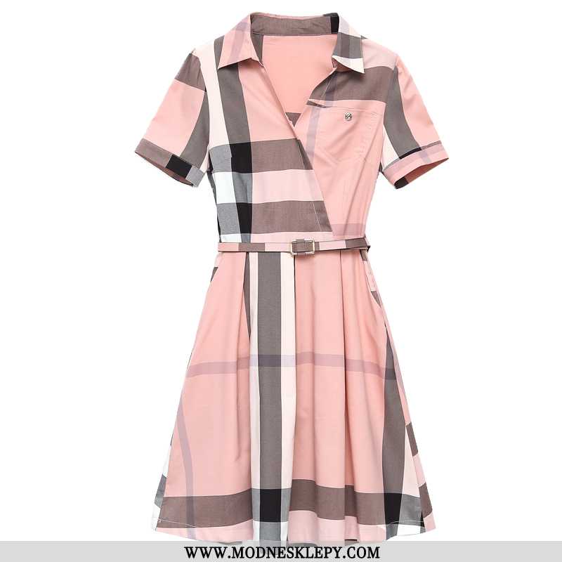Sukienki Damskie Plaid Slim-fit Sukienka Z Krótkim Rękawem Kobiet 2020 Lato Nowy Lapel Talia W Połow