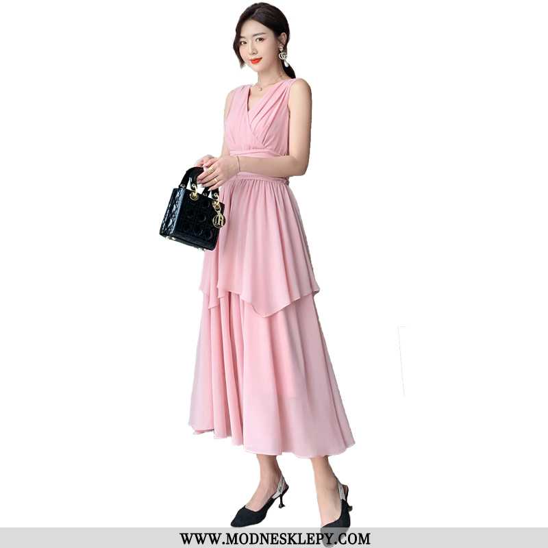  różowy - Sukienki Damskie Yi Li Fei Er Lato Nowa Sukienka Ylfe6018a Podmiejskich Bez Rękawów, Dekolt W Serek,