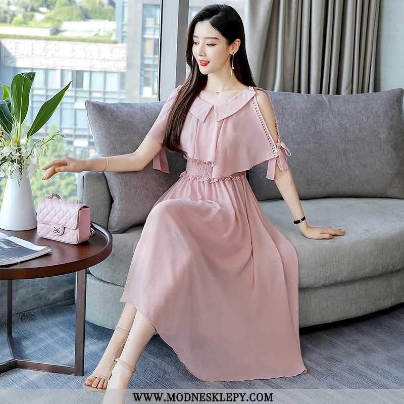  różowy - Sukienki Damskie Na Co Dzień Moda Trendy Sukienka Średniej Długości 2020 Lato Elastyczna Talia Do Po