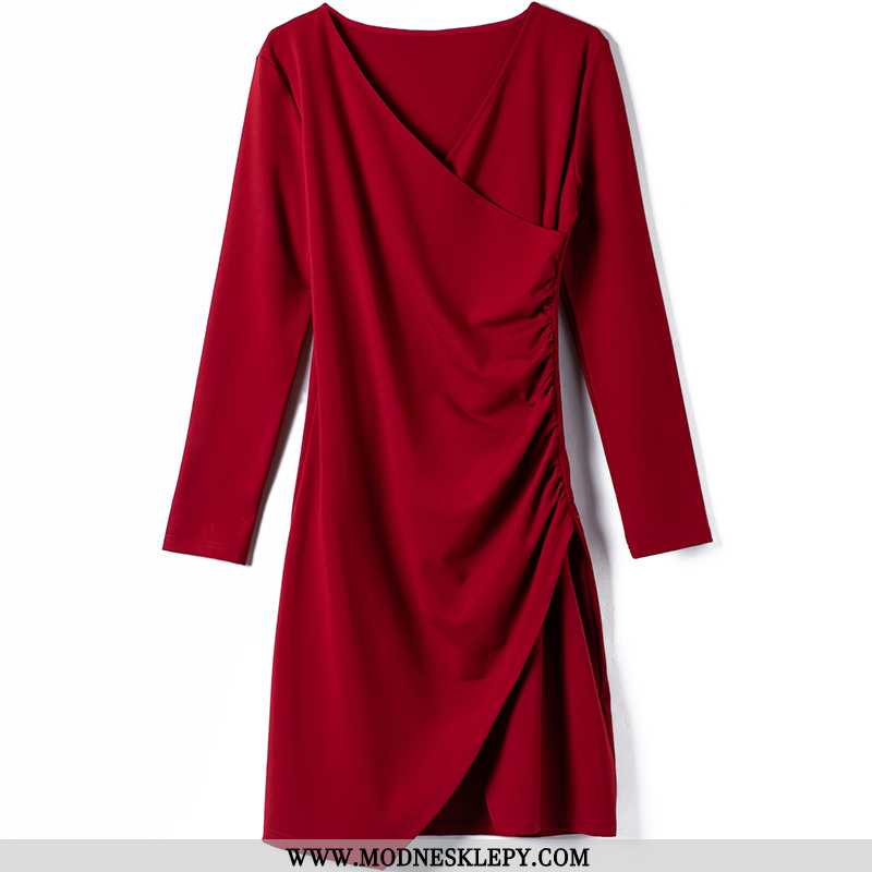 Damskie Sukienki Z Krótkim Rękawem A-linia Spódnica Do Połowy-długość Burgundy Wysokiej Talii Podmie