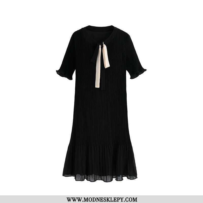Sukienki Damskie 2020 Lato Nowy Plisowana Średniej Długości Sukienka Z Krótkim Rękawem Czarny