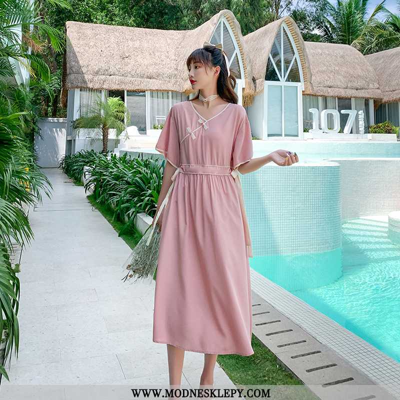 różowy - Sukienki Damskie Self-made Dostawy Skośne Plisy W Stylu Vintage Cheongsam Sukienka Talia Regulowana 