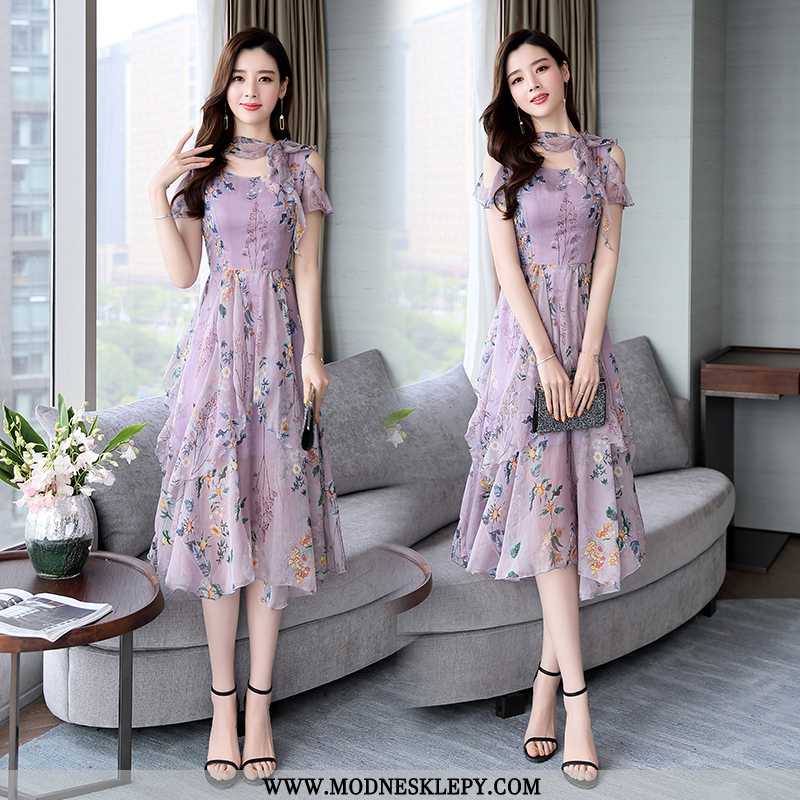  fioletowy - Sukienki Damskie Kwiatowy W Połowie Długości Wygodne 2020 Lato Nowy Dorywczo Mody Proste Fioletowy