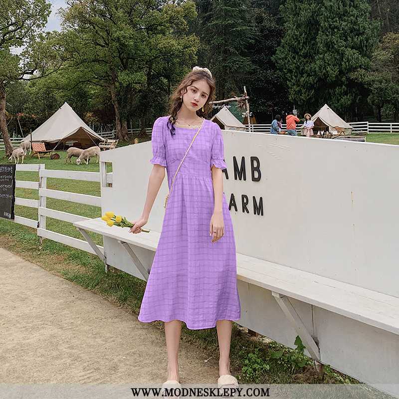  fioletowy - Sukienki Damskie Elegancka Sukienka Moda Stylowe Wygodne 2020 Lato Średniej Długości Jednolity Kolor