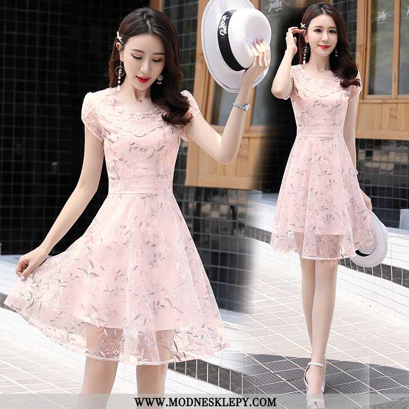  różowy - Damskie Sukienki Fajny Kolor Pasujące Średniej Długości Sukienka Z Krótkim Rękawem 2020 Moda Lato Wy