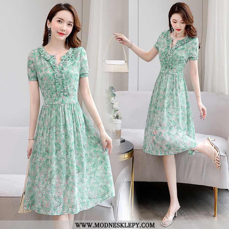 zielone kwiaty - Sukienki Damskie Moda Na Co Dzień Sukienka Z Krótkim Rękawem 2020 Lato W Połowie Długości Fajne Eleg