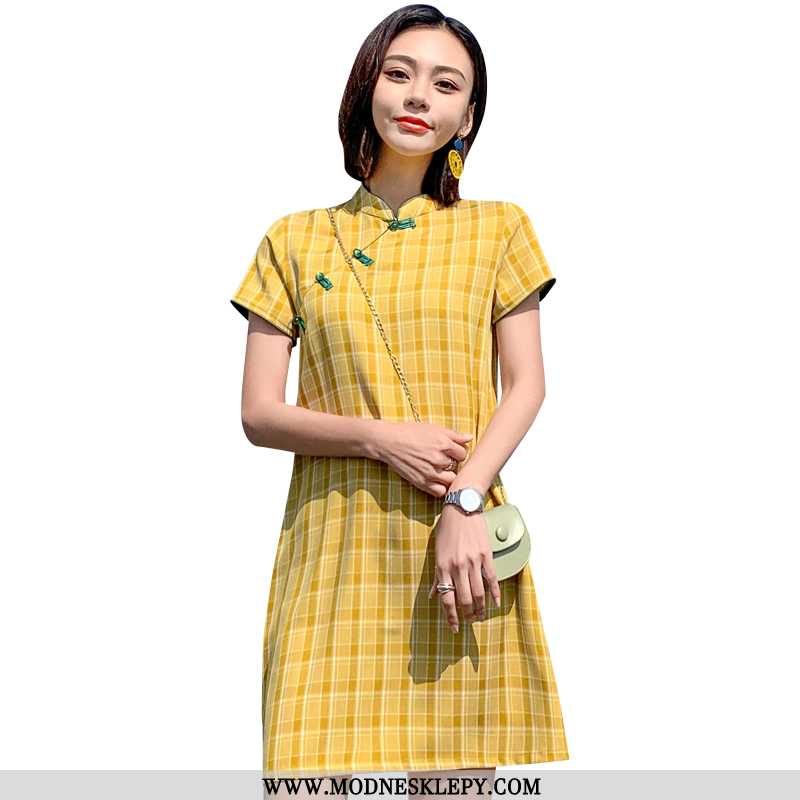 Sukienki Damskie 2020 Lato Nowy Styl Poprawiła Cheongsam Sukienka W Kratę Żółty