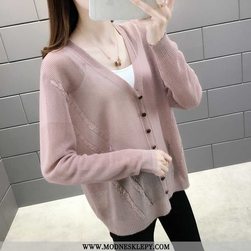  różowy - Damskie Sweter 2020 Wiosna Nowa Dzianina Moda Jednorzędowy Jednolity Kolor Z Długimi Rękawami Slim C