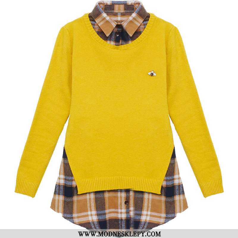 Sweter Damskie 2020 Jesień Nowy Cienki Płaszcz Fałszywy Dwuczęściowy Koszula Top Moda Kobiety Żółty