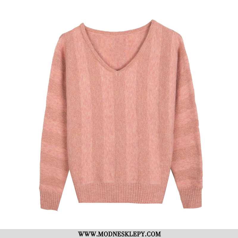 Sweter Damskie Z Dzianiny Wiosna 2020 Długimi Rękawami Slim-fit W Paski Dekoltem Serek Krótki Różowy
