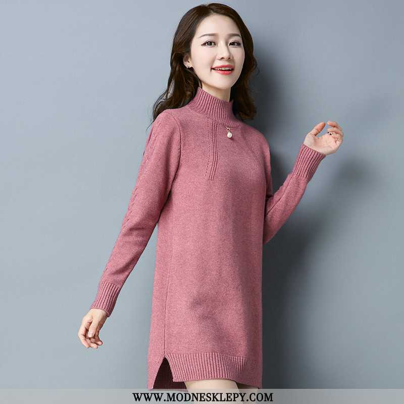  różowy - Damskie Sweter 2020 Jesień Nowy Kobiet Grube Moda Luźne Średniej Długości Najniższy Fala Czarny