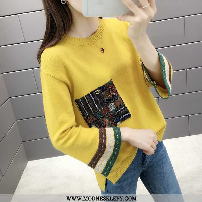 Sweter Damskie Modny Z Dzianiny Wygodne I Eleganckie Jesień 2020 Długim Rękawem Okrągły Dekolt Żółty