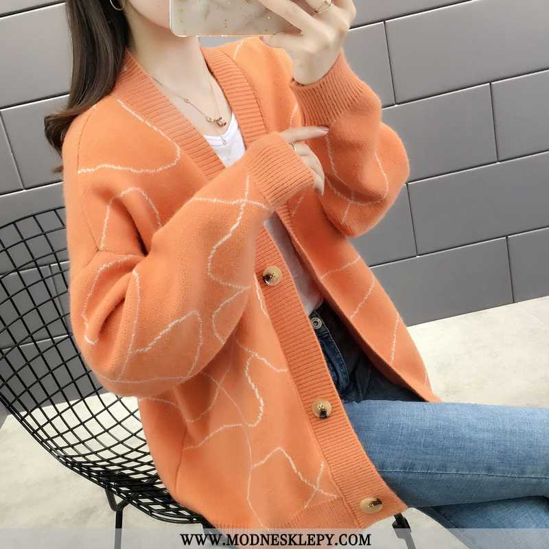 Sweter Damskie Moda 2020 Jesień Cały Mecz Dzianiny Nieregularne Z W Paski Długimi Rękawami Pomarańcz
