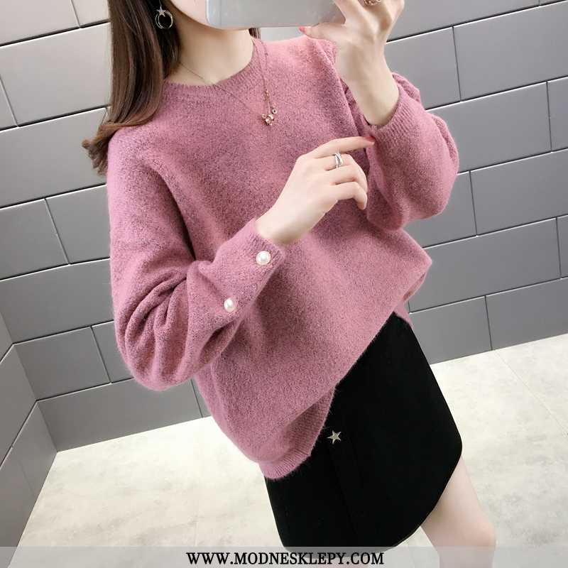 różowy fioletowy - Damskie Sweter Proste Moda Z Dzianiny Modne Długie Rękawy 2020 Zima Wokół Szyi Elegancki Zielony
