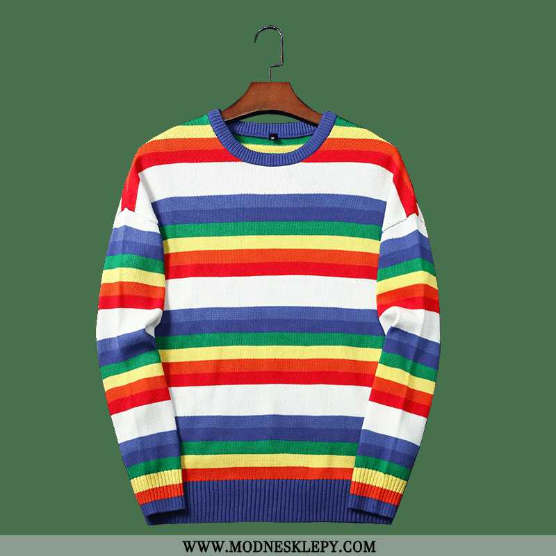 Jesień I Zima Nowy Grube Męskie Sweter Rainbow Paski W Kontrastowym Kolorze Luźne Moda Marka Dzianin