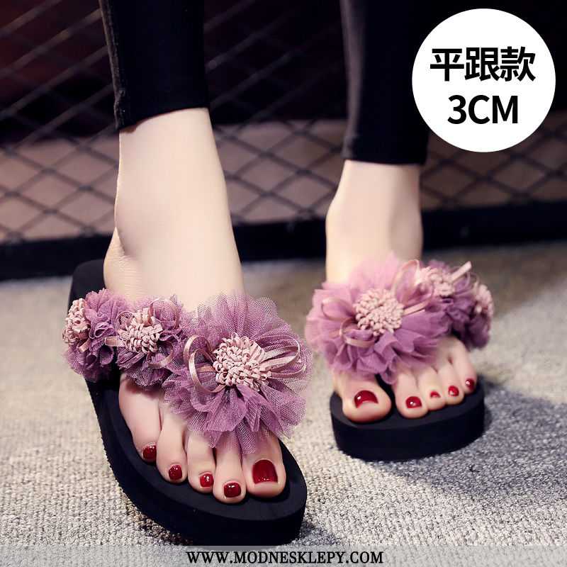  fioletowy - Japonki Damskie Pantofle Letnie Ubrania Moda Kwiat Flip-japonki 2020 Pantofel Skośne Pięty Antypośli