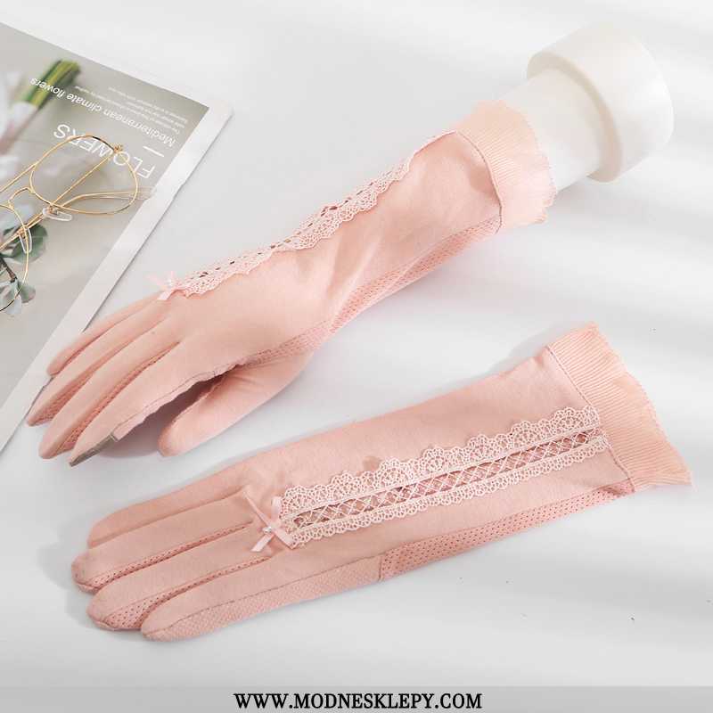  różowy - Damskie Rękawiczki Czystej Bawełny Rękawice Chroniące Przed Słońcem Damska Średniej Długości Cienkie