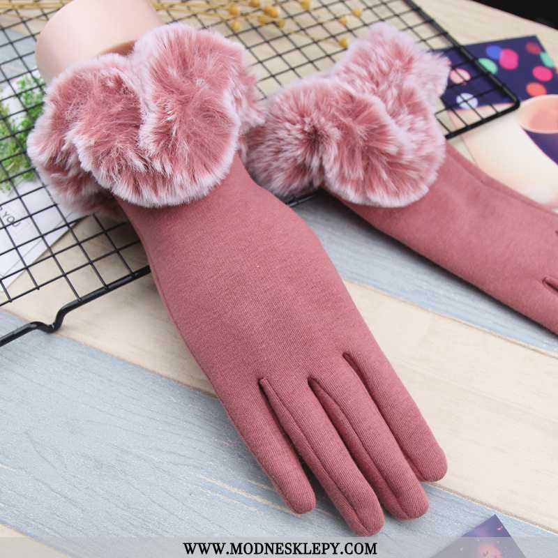 różowy - Damskie Bawełniane Rękawiczki Zimowe Pięć Palców Z Podszewką Polaru Wyściełane Ciepłe Prowadzenie Ja